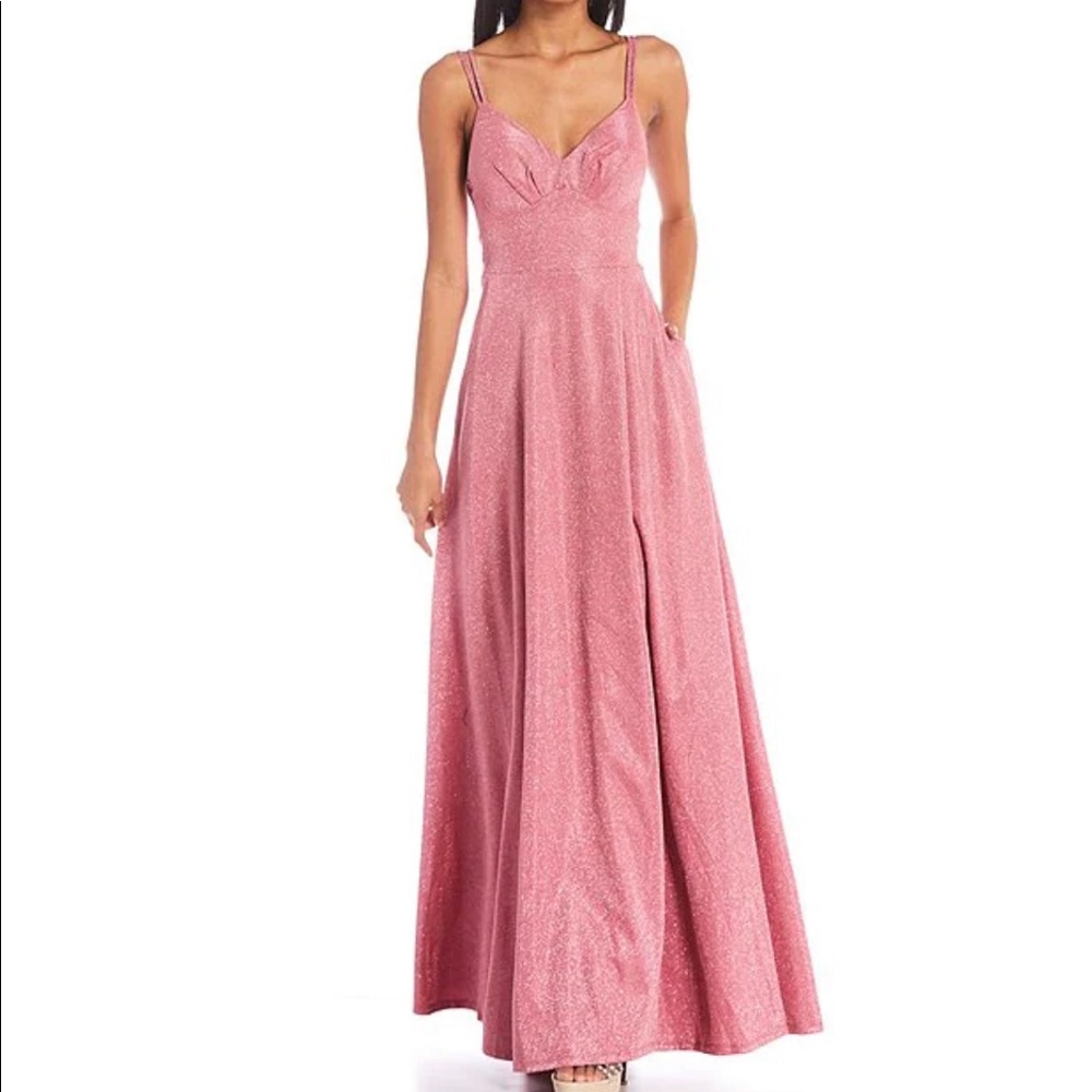 Double Strap Pleated V-Neck Sherri Shine Glitter Long Dress